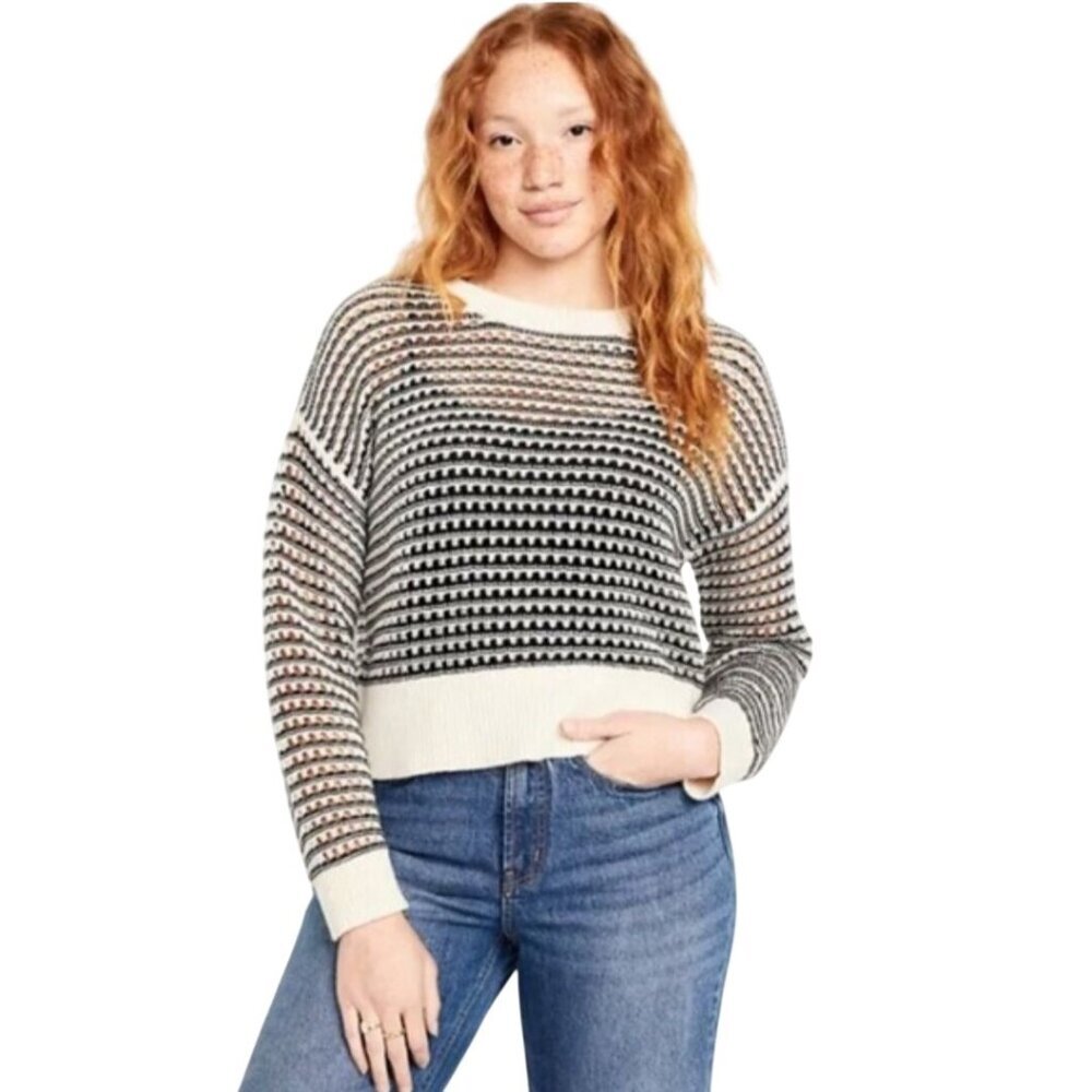 Old Navy Modern Openwork Black White Stitch 2023 Crewneck Sweater Size XXL Tall